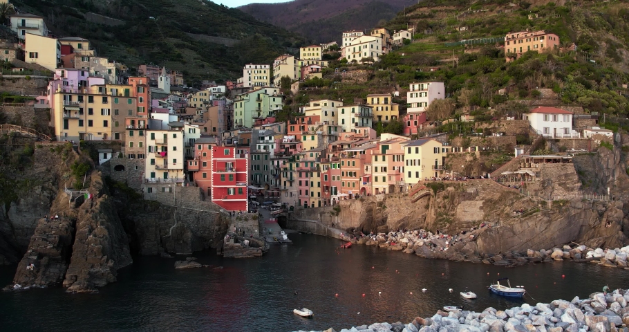 Aerial view of the Picturesque Riomaggiore, Cinque Terre, Italy at Sunset Royalty-Free Stock Footage #1091343157