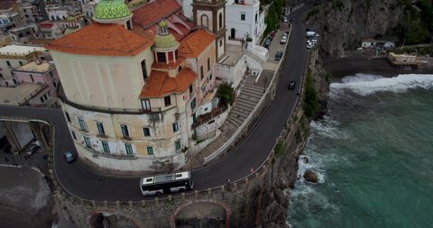 Cars Driving on Cliffside Road along the Beautiful Amalfi Coast, Italy - Aerial