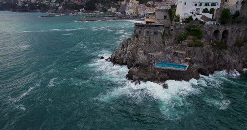 Picturesque Cliffside Buildings and Villas on Amalfi Coast, Italy - Aerial