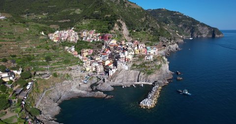Coastal Cliffside Touristic Town of Manarola, Cinque Terre, Italy - Aerial