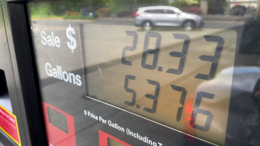 Gas prices well over $5.00 a gallon add up quick at the fuel pump during inflation. Royalty-Free Stock Footage #1091345489