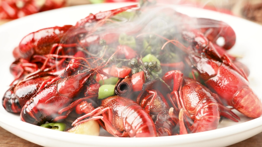 Crayfish. Red boiled crawfishes on table in rustic style,  Lobster closeup.