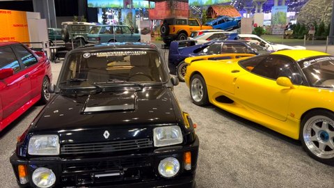 New York, NY - United States - April 17, 2022: This video shows a classic, yellow Jaguar XJR-15 at the New York Auto Show.