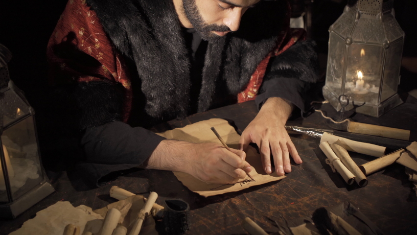 Correspondence in the Ottoman Empire.
The sultan writes his letter in Arabic letters at his desk.
 Royalty-Free Stock Footage #1091348359