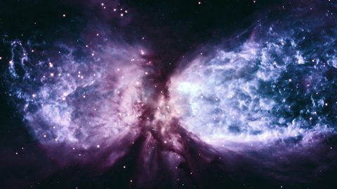 Galaxy space flight exploration into a star field in celestial snow angel . 4K 3D Fly through space galaxy in universe singularity big bang space. Abstract Sci-fi Video with Space, Galaxies, Nebulae, 