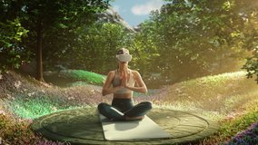 Young Athletic Woman Wearing Virtual Reality Headset, Practising Meditation in Modern Futuristic Way. She Sees Beautiful Idyllic Forest, Singing Birds and Peaceful Nature. Technology and Mindfulness.