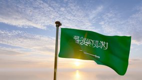 Flag of Saudi Arabia waving in the wind, sky and sun background. Saudi Arabia Flag Video. Realistic Animation, 4K UHD 25 FPS. 3D Animation