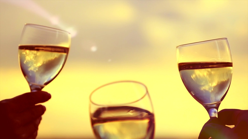 People holding Glass of Wine, Making a toast over Sunset sky. Birthday. Friends drinking White Wine, toasting. Clink. Party outdoors. Enjoying time together. Slow motion Royalty-Free Stock Footage #1091359571