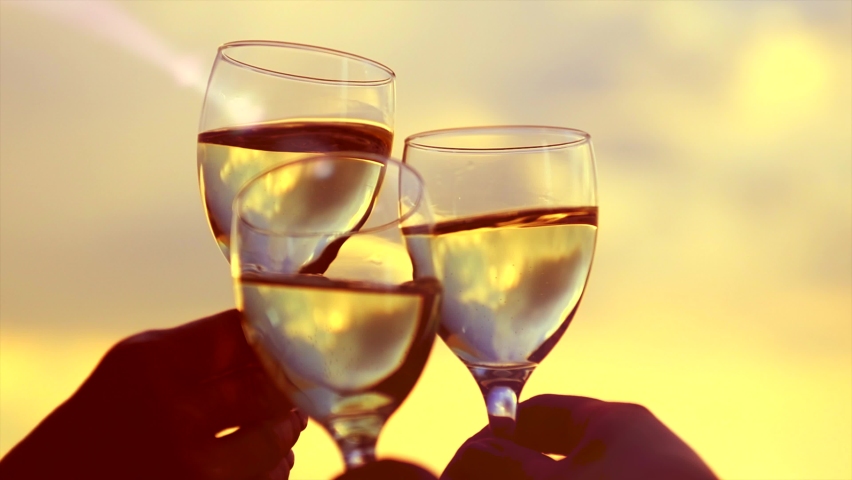 People holding Glass of Wine, Making a toast over Sunset sky. Birthday. Friends drinking White Wine, toasting. Clink. Party outdoors. Enjoying time together. Slow motion | Shutterstock HD Video #1091359571