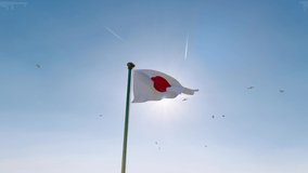Flag of Japan waving in the wind, sky and sun background video. Japan flag video. Realistic Animation, 4K UHD. 