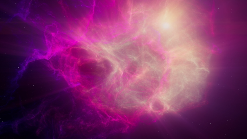 Rose and Pink-colored Nebula or Galaxy with bright flares floating in outer deep interstellar Space Universe with Star field in background | Shutterstock HD Video #1091362573