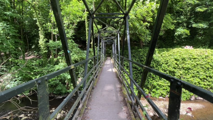 Steel Walkway over a river Goyt, New Mills video shot crossing slowly to the other side