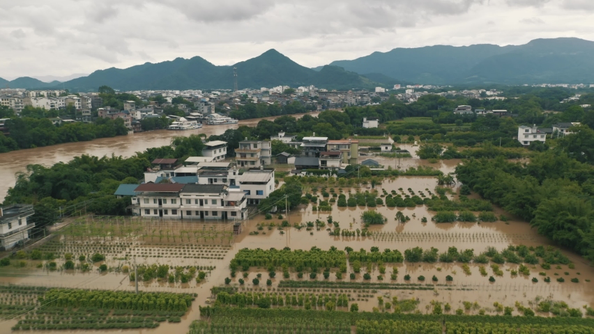 Flooded Residential Area in Guilin, China, Natural Disaster from Drone