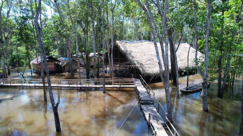 Indigenous native village at Amazon Forest, Amazonas Brazil. Jungle lifestyle of aboriginal indian tribe at Amazon Rainforest. Indigene lifestyle. Scenic aboriginal tribe in the Brazilian amazon.  Royalty-Free Stock Footage #1091367891