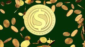Dollar abstract coin rotation on chroma key green screen.Gold coin with dollar mark 3d rendering.Close up macro symbol about finance and money.4k.Cryptocurrency with usd.Virtual internet money.Single