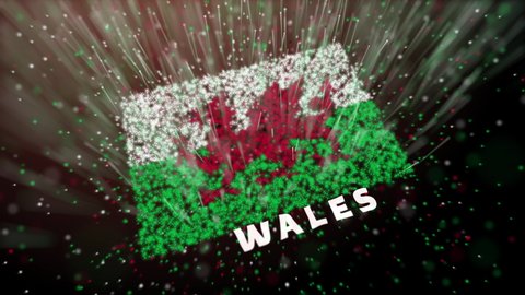Animation video of the country Wales flag displayed through tiny light scattering particles. Animated Wales flag video. 4K video representing the country and the flag. 