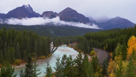 Morant's curve in Bow Valley, Banff National Park, Alberta, Canada. Iconic landscape and railway system in the Rocky Mountains of North America. Canadian Pacific Railway. Scenific view.