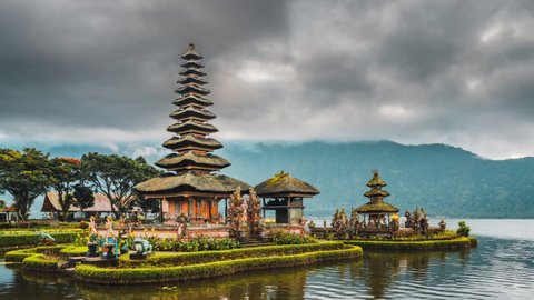 Ulun Danu Beratan Temple in Bali - Bali's Iconic Lake Temple, is both a famous picturesque landmark and a significant temple complex on the western side of Beratan Lake. Bali, Indonesia 4K Time lapse