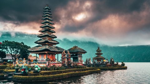 Ulun Danu Beratan Temple in Bali - Bali's Iconic Lake Temple, is both a famous picturesque landmark and a significant temple complex on the western side of Beratan Lake. Bali, Indonesia 4K Time lapse