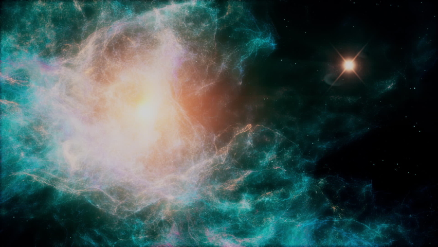 Dark matter Nebula or Galaxy with orange sun center and blue external cosmic dust heaps floating in outer deep interstellar Space Universe with Star field in background | Shutterstock HD Video #1091389683