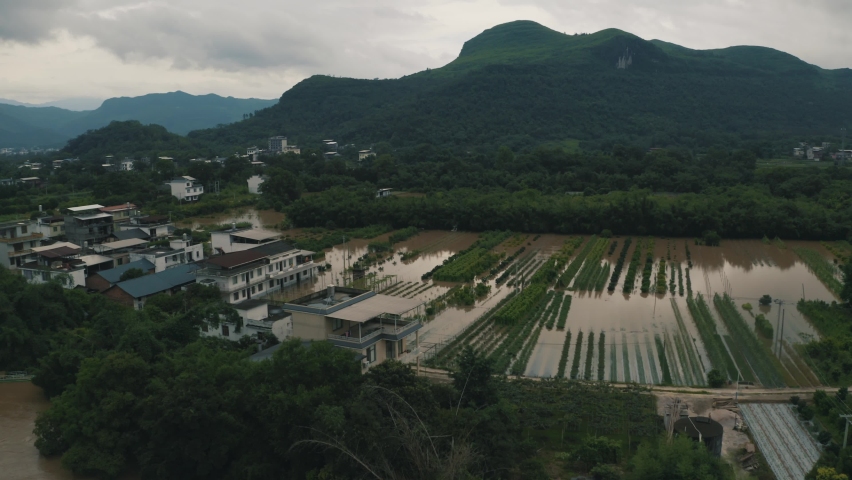 Flood in China, Flooded Farming Land, Insurance Claims of Damage, Aerial View