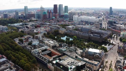 City skyline of The Hague, Netherlands with courthouse and court pond, aerial view. Adlı Stok Video