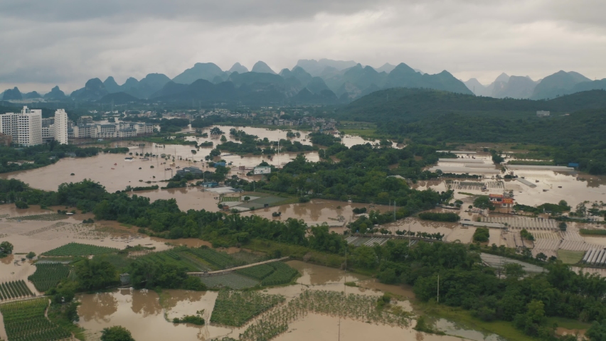 Natural Disaster in China Mainland, Flooded Rural City, Drone View