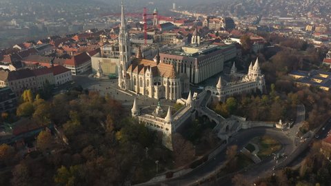 Aerial view of the Fisherman's Bastion in Budapest. An architectural structure on the Castle Hill in Buda. Landmark of the Hungarian capital
