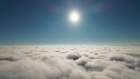 Airplane flight. Stunning bright morning sun shining over thick white cloudscape atmosphere. Aerial cinematic clip. Travel and journey concept.