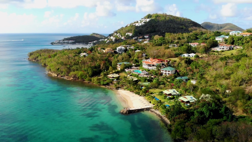 Saint Lucia Castries from above with luxury hotels , St Lucia tropical Island with blue ocean Royalty-Free Stock Footage #1091398527