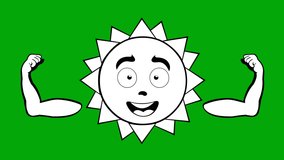 Loop animation of a cartoon character of the sun, showing his biceps, drawn in black and white. On a green chroma key background