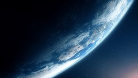 A cinematic rendering of planet Earth during sunrise as view from space with vibrant blue sky atmosphere - Powered by Shutterstock - Get 15% off with code: PIKWIZARD15