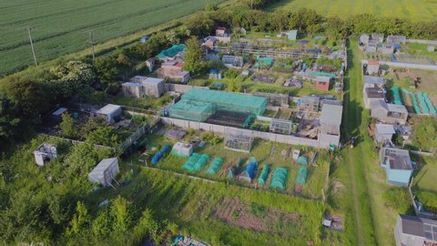 Drone shot. Allotment gardens, agriculture, gardening, self sufficient vegetables and fruit. Filmed East Yorkshire. England. 16.6.2022