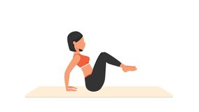Leg in and outs exercise tutorial. Female workout on mat. Fitness woman exercising. Looped 2D animation with young girl character training. Sport and healthy lifestyle concept.