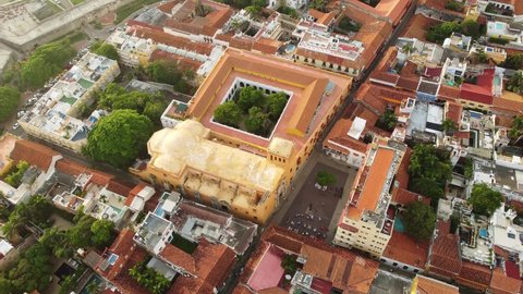 Cartagena, Colombia: Aerial drone footage of the famous Cartagena de Indias colonial old town in Colombia, South America. Shot with a tilt down motion