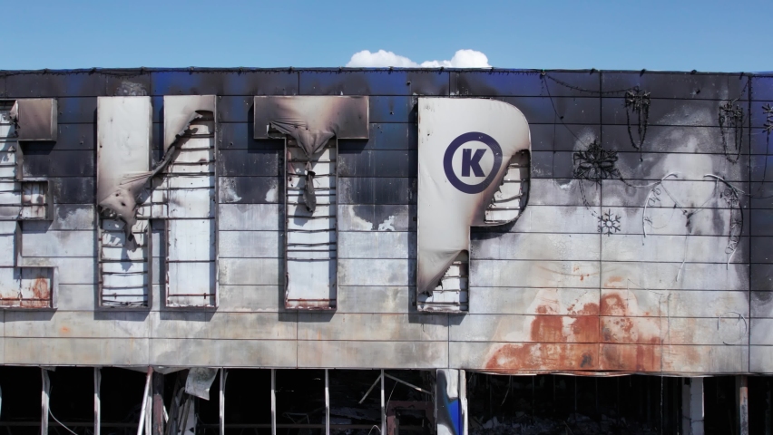Bombed shopping center during the war in Bucha, Ukraine