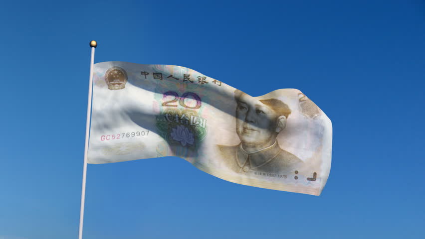 Banner with China yuan banknote on blue sky with matte