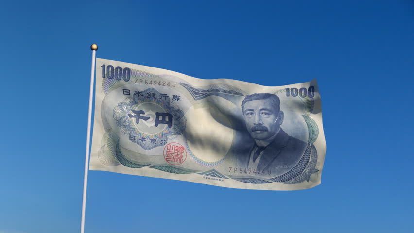 Banner with Japan yen banknote on blue sky with matte