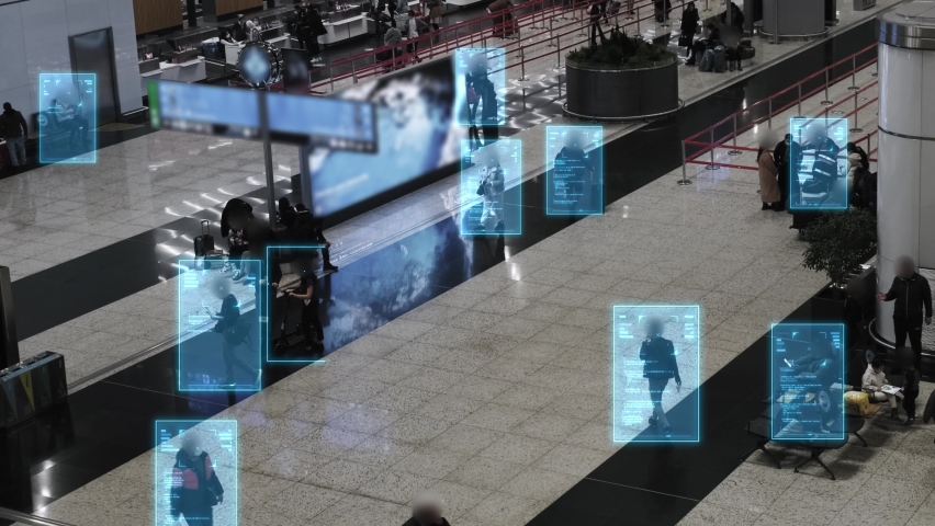Facial recognition technology scan and detect people face for identification in crowded places. IOT CCTV, security camera motion detection system recognizes and identifies people using big data and AI