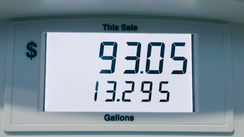 Gas price increase in CALIFORNIA USA Summer 2022. Fuel price rates goes up due to inflation and war in Ukraine. Gas prices reach all time highs at the pump. Digital screen counting refuel in dollars Royalty-Free Stock Footage #1091419635