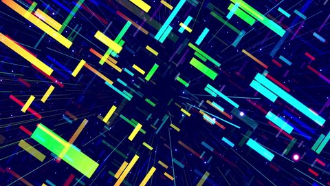Motion graphic, camera fly throungh abstract art space, multilayer structure with pattern and particles. Glow rectangles, streaks and lines. Rainbow gradient color. Motion design vj loop. 3d structure