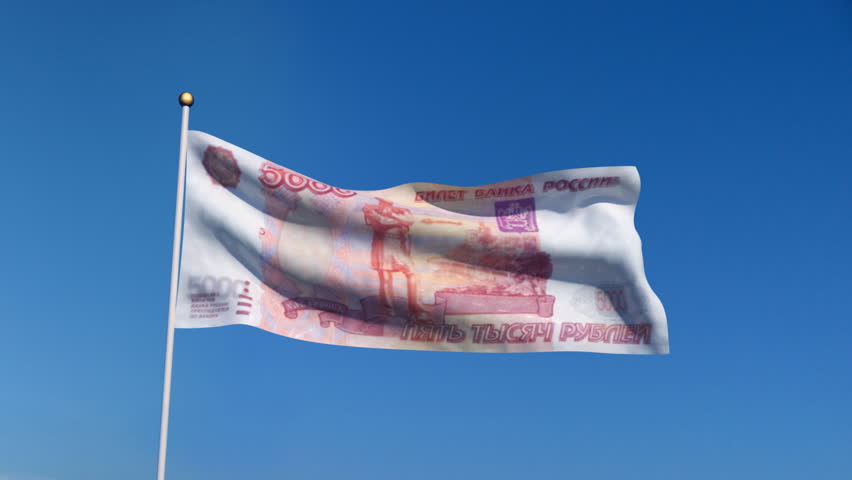 Banner with Russia ruble banknote on blue sky with matte
