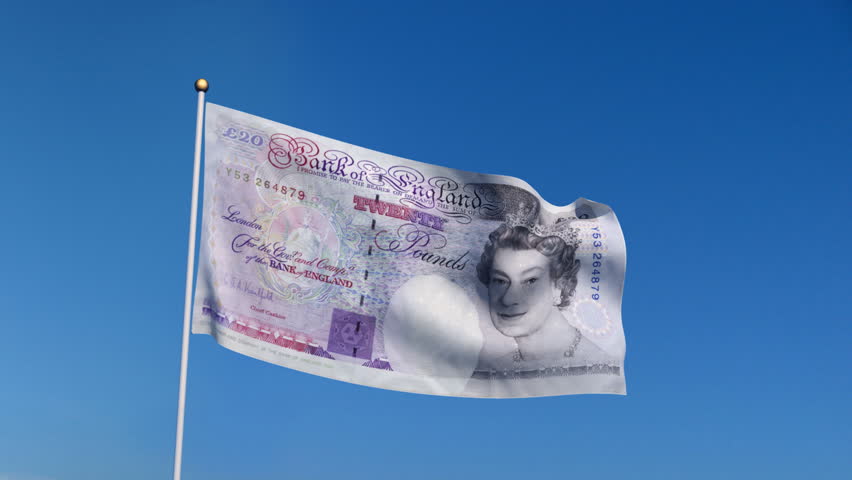 Banner with U.K. pound banknote on blue sky with matte