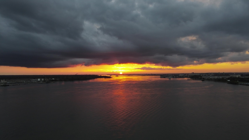 Aerial Drone View of Sunset over Delaware River