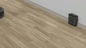 3d rendering robotic vacuum cleaner or sweeper at charging station on wooden floor 4k footage