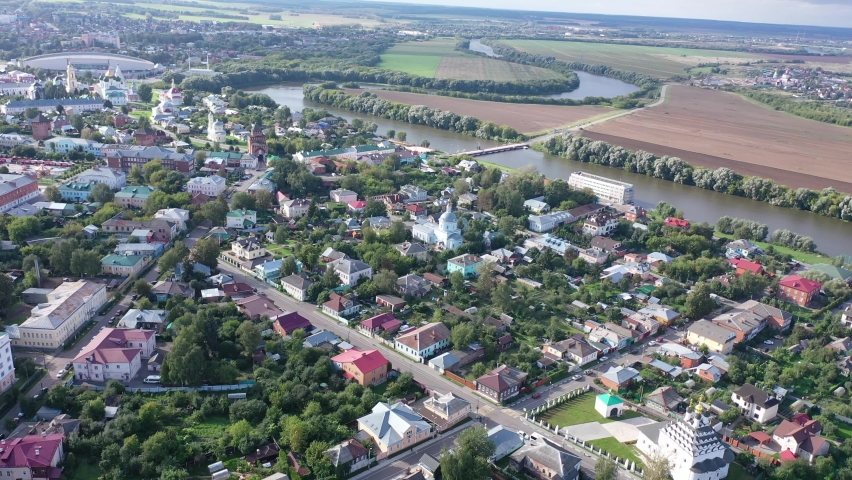 Aerial copter view of modern cityscape of Kolomna overlooking ancient Kremlin, Moscow region, Russia