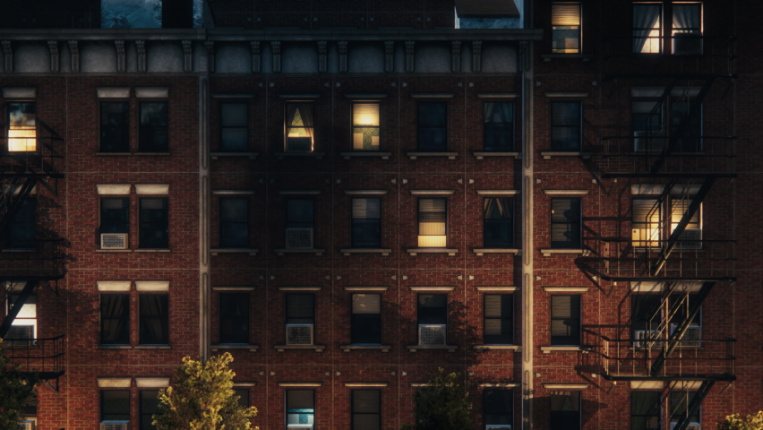 Establisher: Zoom In Shot on Apartment Window in 3D VFX Animated Brick Multi-Storey Building. Old Renovated Brownstone House. Evening Time Scene of a House with Emergency Stairs and Air Conditioning. Royalty-Free Stock Footage #1091440833