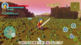 Endless Loop Video Game Mock Up Concept: 3D Third Person Fantasy Open World Online Multiplayer Gameplay. Exciting MMO Arcade with Hero Character Running with Sword and Fighting Big Jelly-Like Monster.