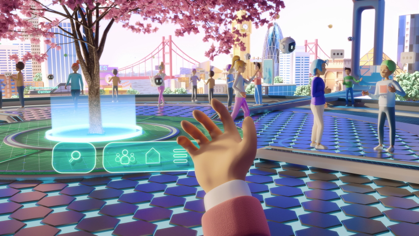 POV of a Person Picking Up and Putting On a Virtual Reality Headset at Home. The Living Room is Transformed into Futuristic Beautiful 3D Internet World with Digital Avatars, Buildings, Nature.