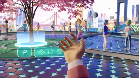 POV of a Person Picking Up and Putting On a Virtual Reality Headset at Home. The Living Room is Transformed into Futuristic Beautiful 3D Internet World with Digital Avatars, Buildings, Nature. Vídeo Stock